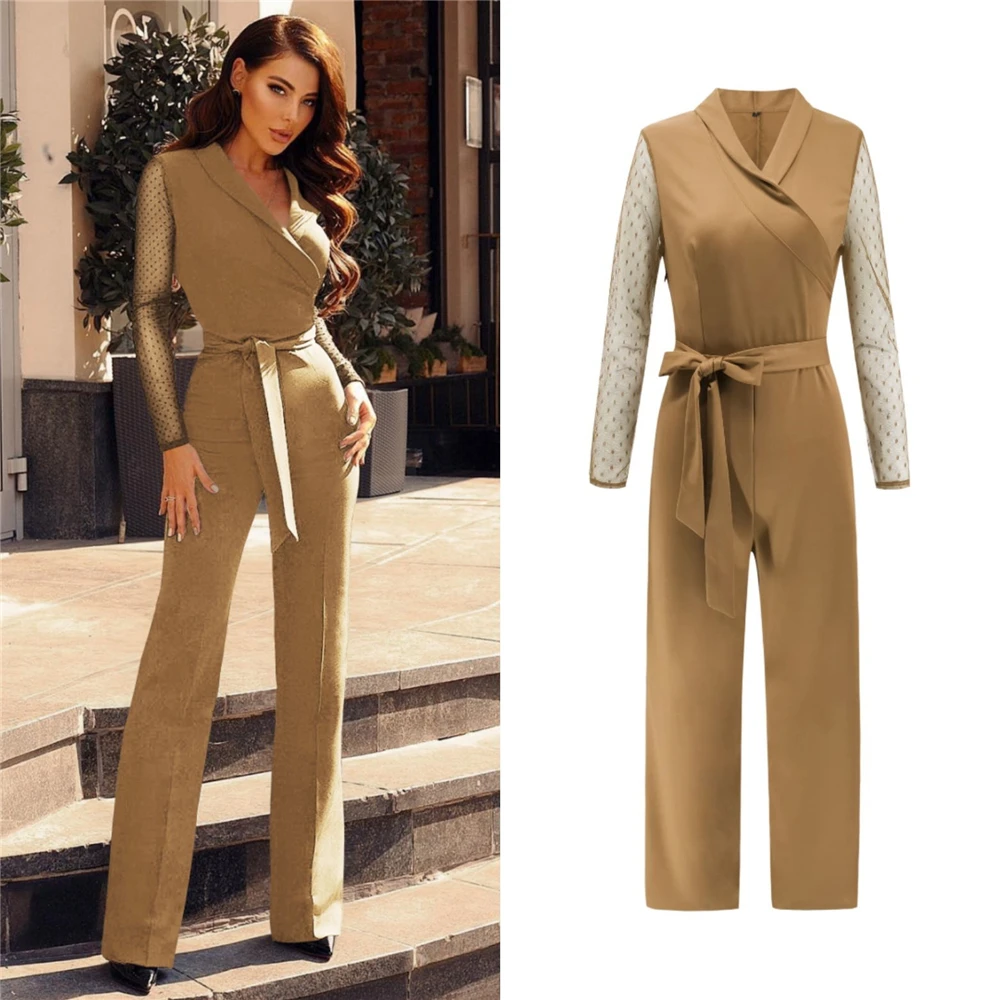 Женский комбинезон однотонный с v образным вырезом длинным рукавом поясом