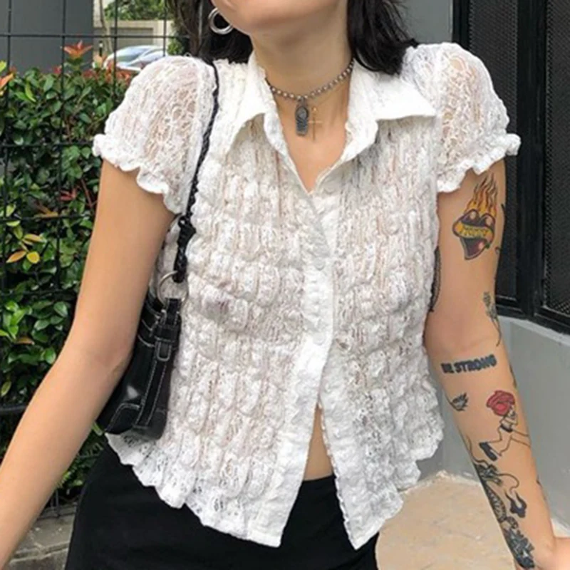 Женские летние кружевные футболки с воротником поло складные Пузырьковые