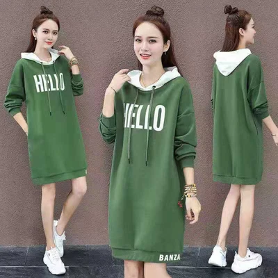

Dress Women Autumn And Winter Casual Letter Loose Plus Size Green Dresses Hooded Knee-length Dress Women