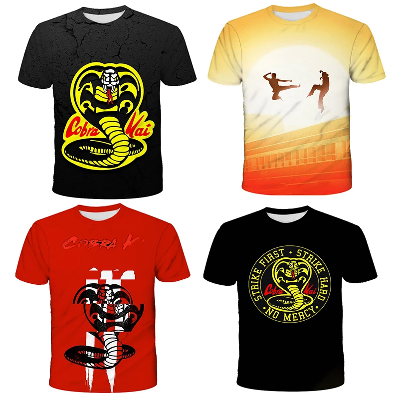 

Unisex Digital printing Cobra Kai T Shirt Kids Strike First Strike Hard No Mercy Tshirts Boys Girls short sleeves tees 4-14T