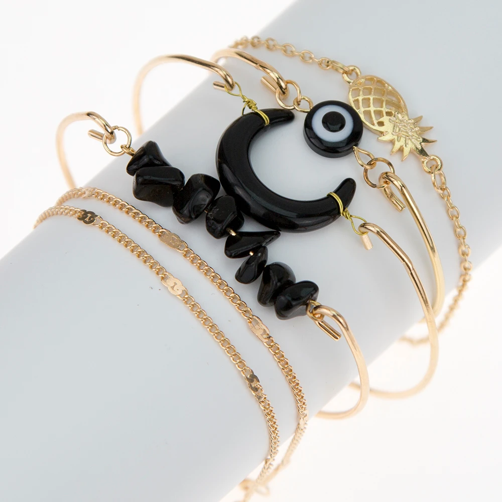 6 PCS/set Bohemian Black Beads Chain Bracelets Bangles For Women Fashion Pineapple Moon Sets Jewelry Gift | Украшения и