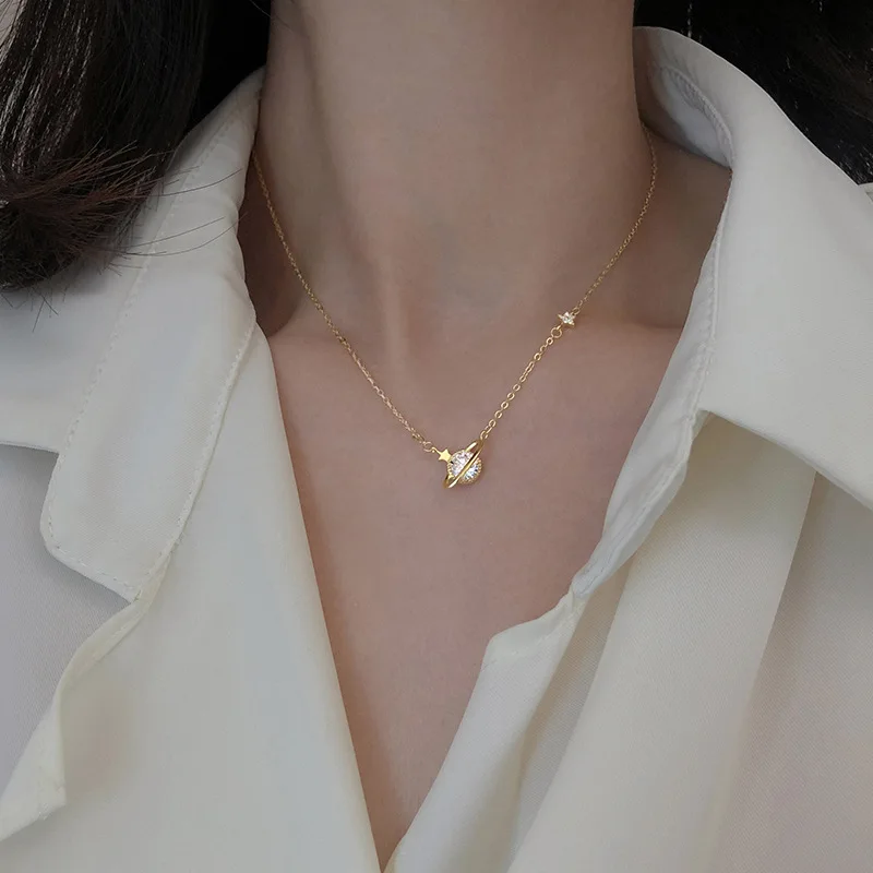 

925 Sterling Silver Crystal Star Planet Charm Necklace Pendant Jewelry Necklace For Women Wedding choker collare dz302
