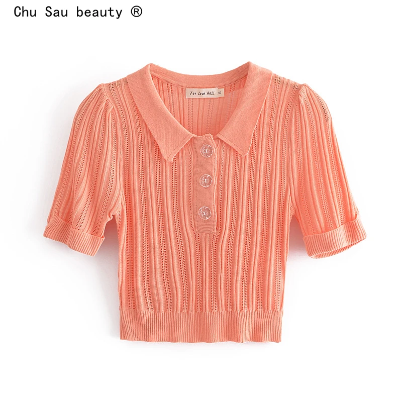 

2021 Summer New Turn Down Collar Button Icy Hollow Short Slim -Fit Short-Sleeve Knitted Cardigan T-Shirt Women