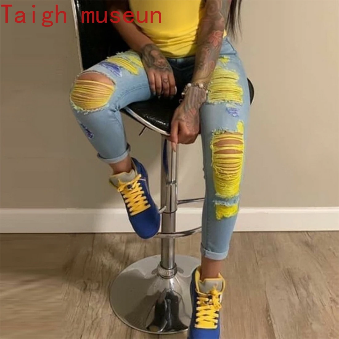 

2021 Women's Jeans Women Fashion Ripped Jeans Yellow Scratch Denim Pencil Pants High Waist Stretch Skinny Pants
