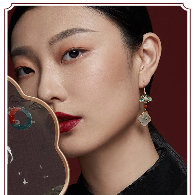 

Oriental Classical Painted Enamel Earrings Female Chinese Antique Sterling Silver Tassel Jade Earrings Mother's Gift