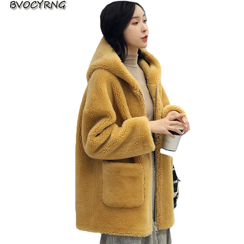 Женское меховое пальто средней длины с капюшоном осенне зимнее повседневное