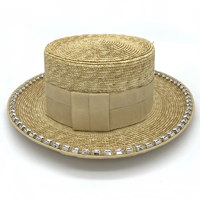 Шляпа из пшеничной соломы с вогнутым верхом плоским Сверхтонкая бриллиантами