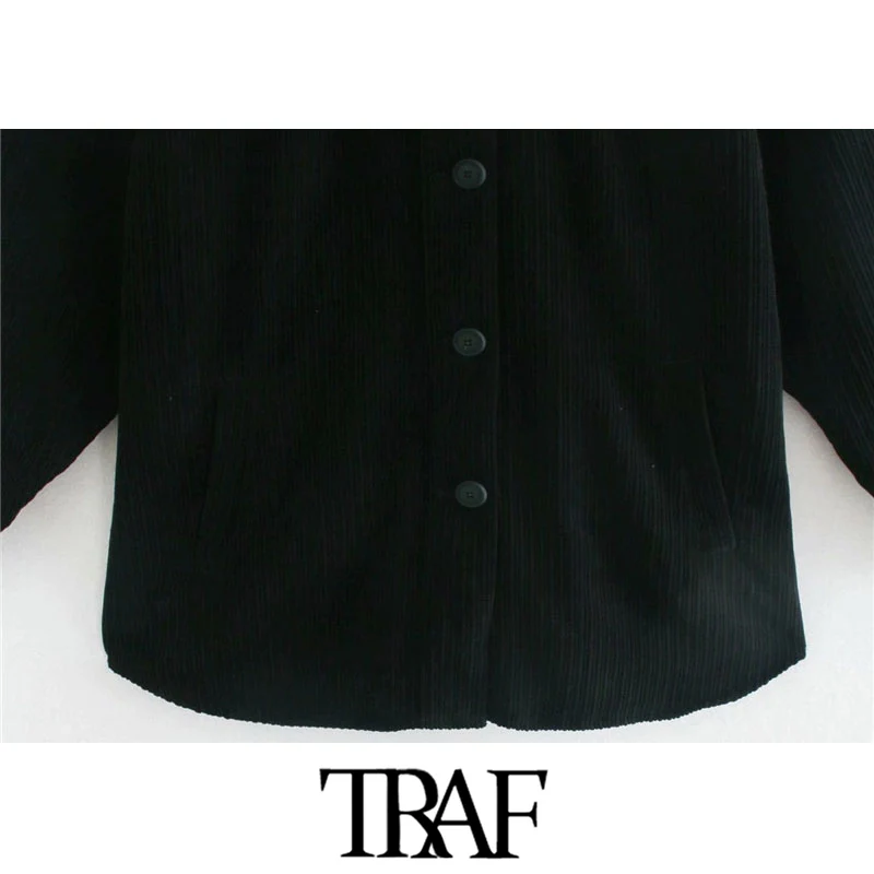 

TRAF Women Fashion Patchwork Corduroy Beads Loose Jacket Coat Vintage Long Sleeve Button-up Female Outerwear Chic Tops