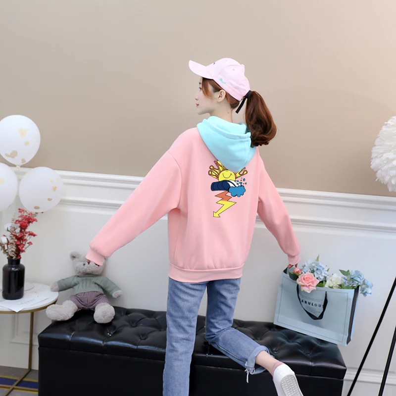 

Женская уличная толстовка с капюшоном; Новинка; Сезон весна-осень; Флисовая Повседневная Толстовка Harajuku Kawaii с забавным принтом солнца; Конт...