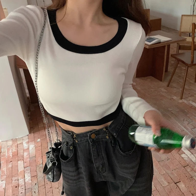

Neophil 2021 Fall Women Short Blouse Casual Black Contrast Bodycon Korean Style Knitted Female Basic Long Sleeve Sexy Tops B9931