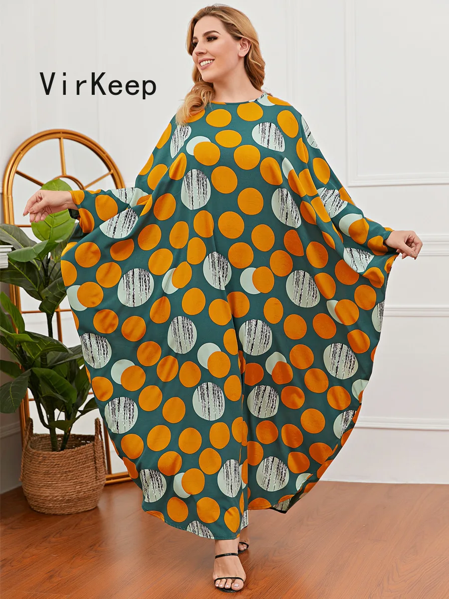 

summer women polka dot printed dress batwing full sleeve casual free size dubai muslim abaya ramadan robe kaftan gown VKDR2470
