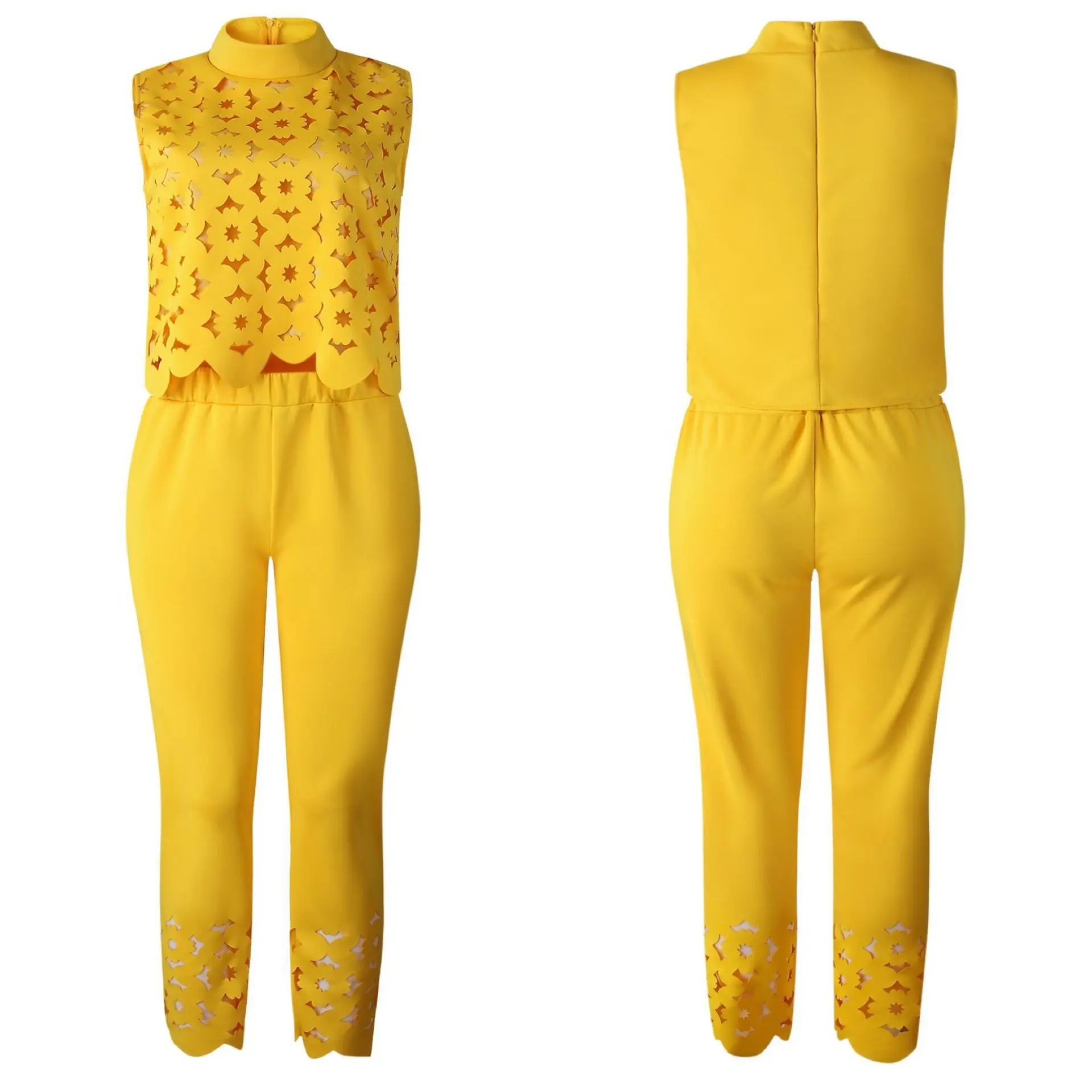 

European and American fashion temperament is thin sleeveless hollow top and pants two-piece suit