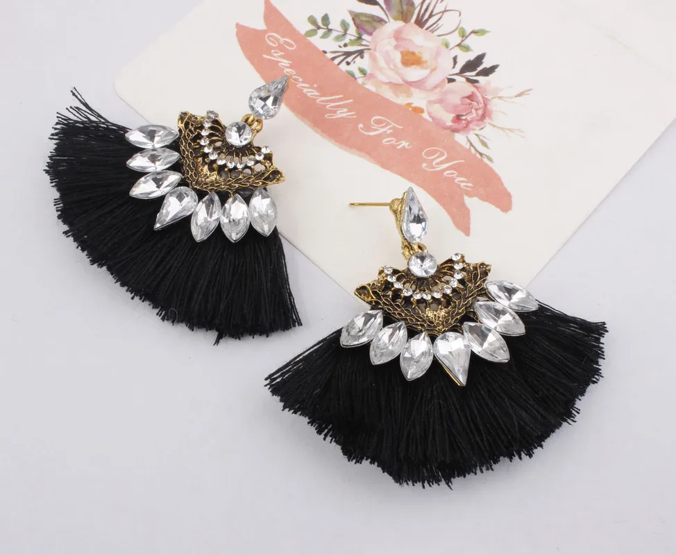 Bohemian Green Rhinestone Earrings Handmade Women Tassel Statement Luxury Long Crystal Earring Geometric Fringe Ethnic Tassle | Украшения и