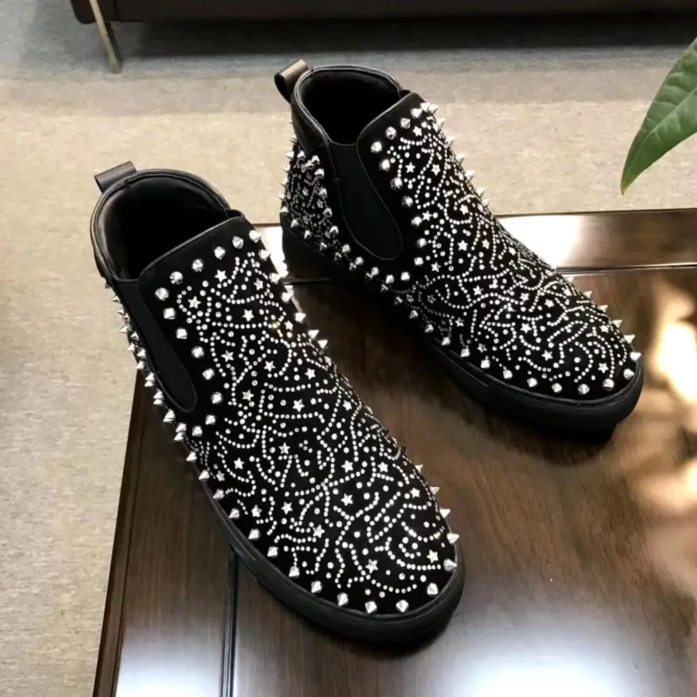 Модные черные теплые зимние мужские ботинки ручной работы бренда gerusb со стразами