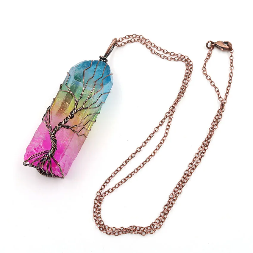 7 Chakra Crystal Natural Rainbow Stone Quartz Tree of Life Pendant Necklace for Women Men Pendulum Reiki Healing Jewelry | Украшения и