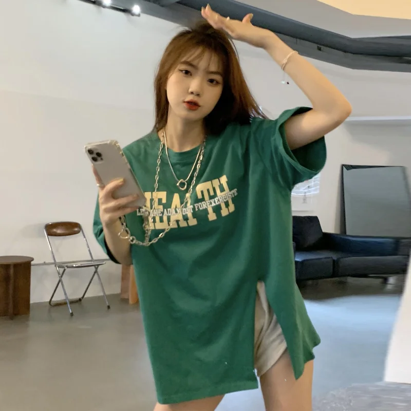 Футболка женская средней длины с коротким рукавом свободная Летняя одежда