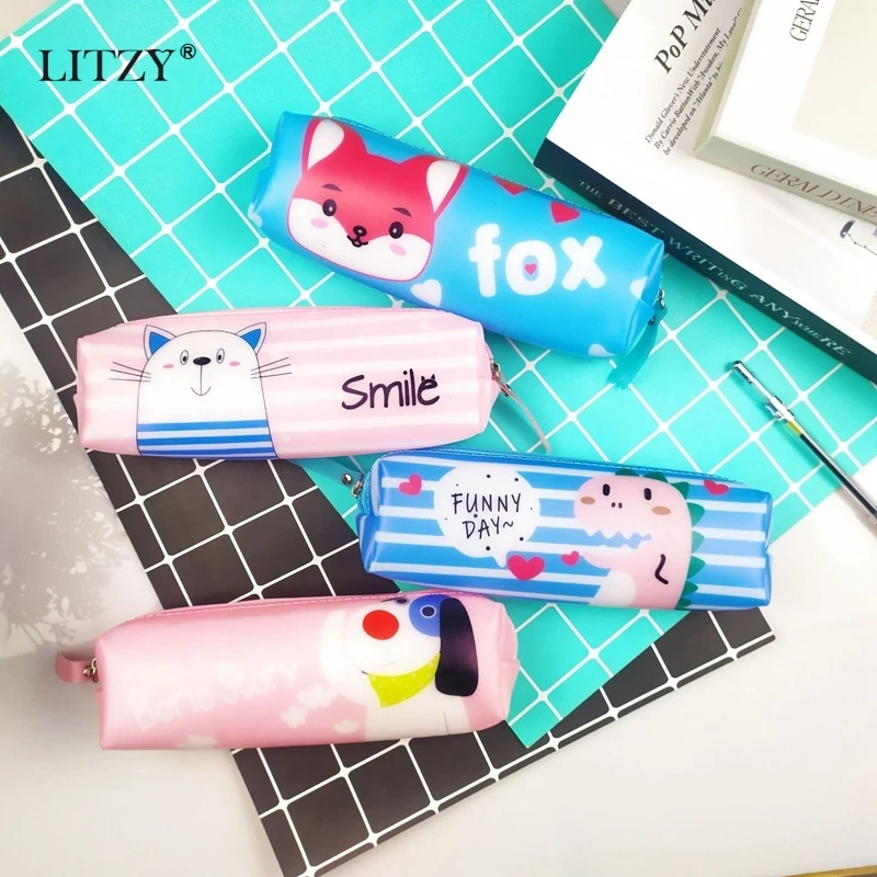 Милый чехол для карандашей с животными кошка собака лиса Фотосумка школы пенал