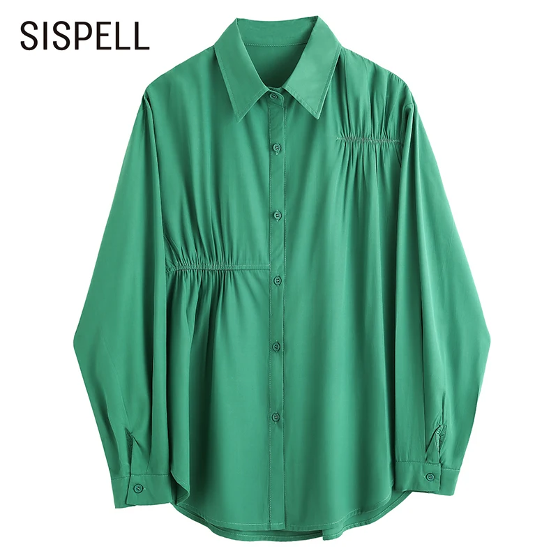 

Женская плиссированная блузка SISPELL, однотонная Повседневная рубашка с отложным воротником и длинным рукавом, в стиле пэчворк