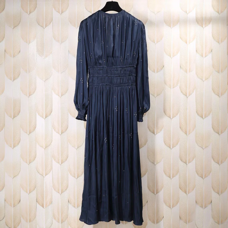 

Ladies Deep V Neckline Vintage Style Midi Dress With Applique Detail - Women/Female Long Sleeve Long Dress With Pleated Detail
