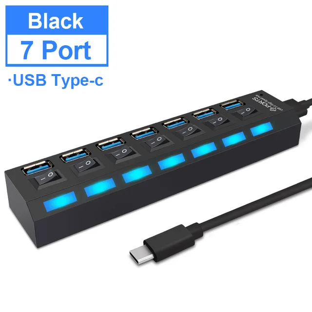 7 Port Type-C Black Usb-концентратор 3,0 4/7 порт Micro USB 3,0 концентратор разветвитель с адаптером питания мульти USB C Hab высокоскоростной 5 Гбит/с Тип C 3 переключатель концентратора для ПК - Цвет: 7 Port Type-C Black