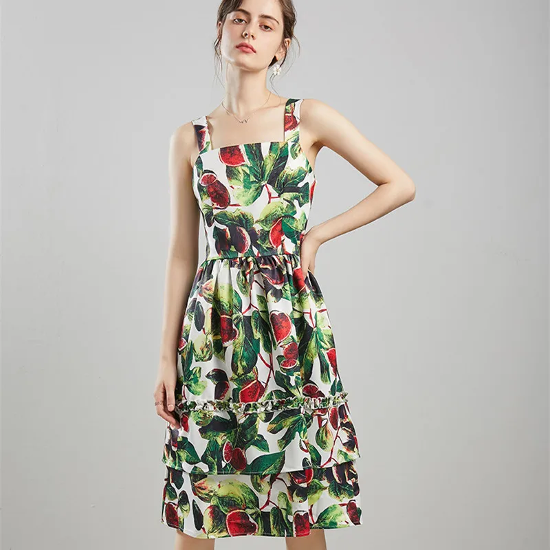 Женское платье на бретелях-спагетти с принтом в виде тропических листьев инжиров