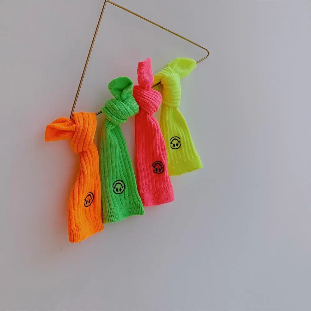 Летние детские носки трубы Meduim яркие цветные с вышивкой и смайликом вязаные