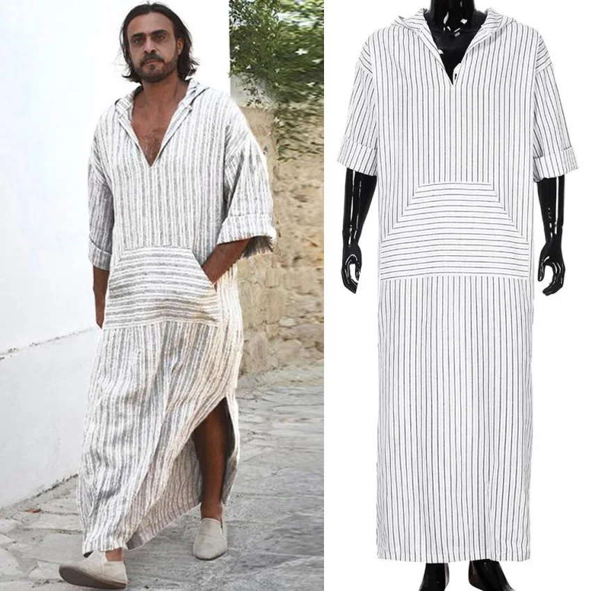 Мужская льняная одежда в полоску с капюшоном и длинными рукавами стиле ретро