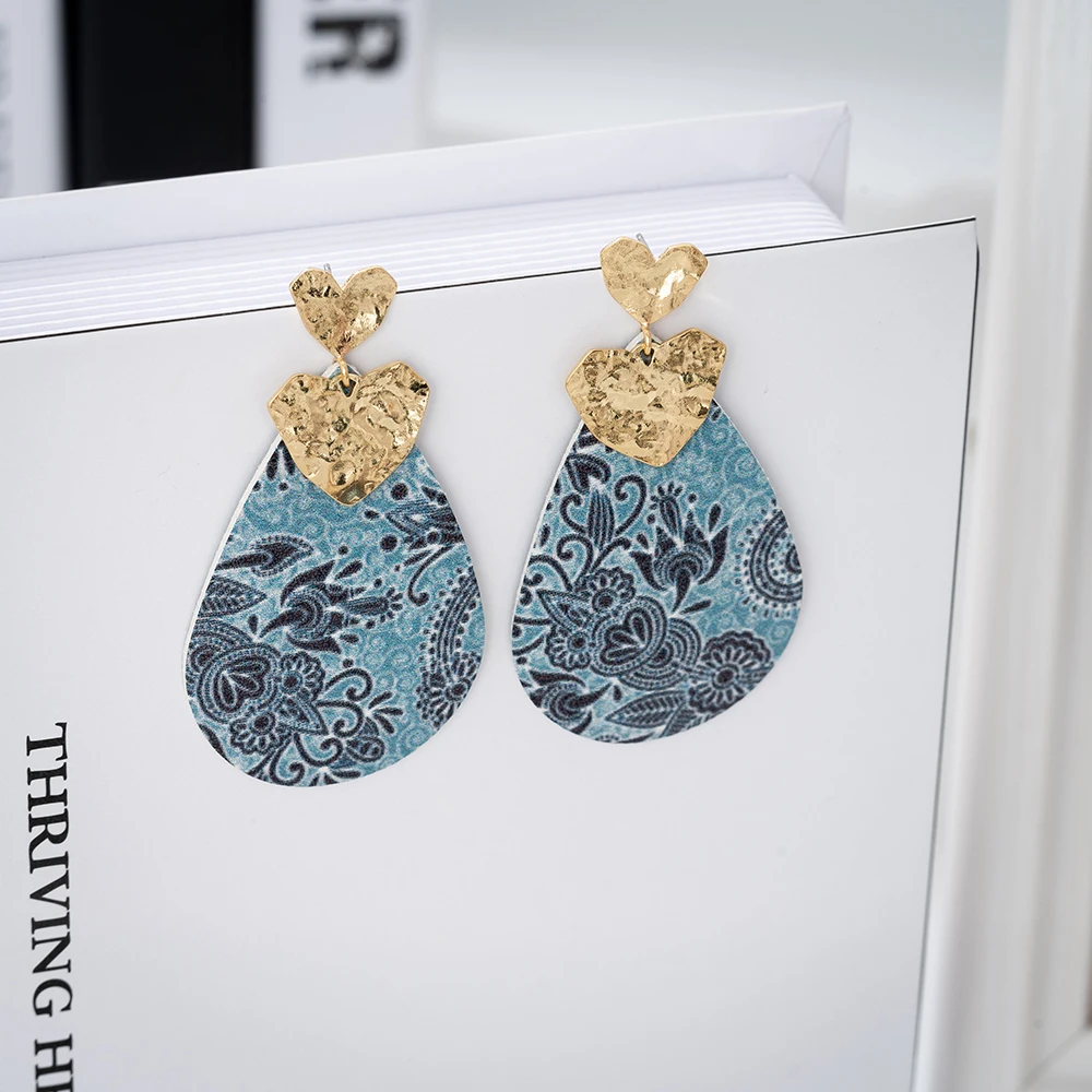 

Jaeeyin 2020 Heart Tear Drop Leather Blue Vintage Jewelry Gift Lady Women Fashion Generous Earring