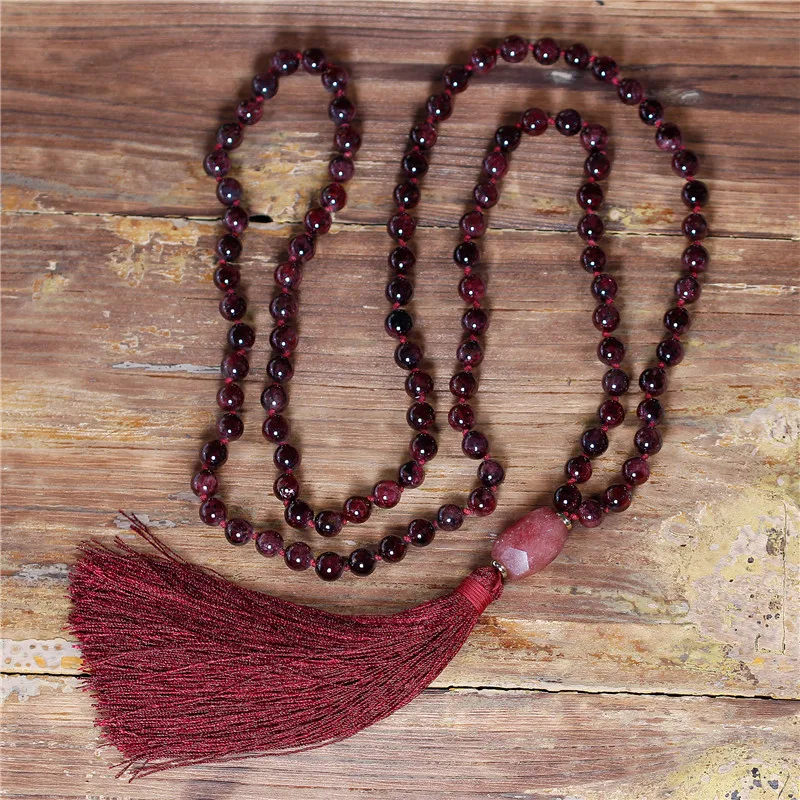

Women Beads Necklace 8MM Natural Stone Garnets Red Tassel Necklace New Boho Lariat Mala Yoga Necklace Fine Jewelry Dropshipping