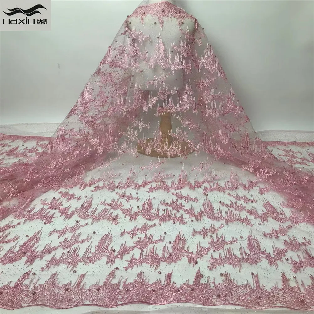 Madison Pink African French Tulle Lace Fabric 2021 High Quality Lace Material With Sequins Beads Bridal Lace Fabric For Sewing