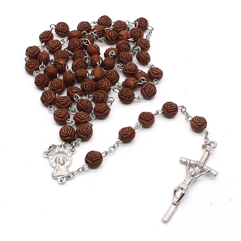 

Handmade Rose Beads Catholic Religious Cross Pendant Necklace Wooden Rosary Jesus Women Men Gifts