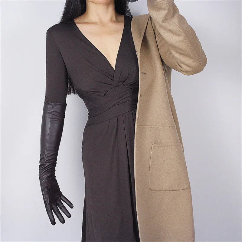 

Новейшие длинные перчатки для сенсорного экрана мисс искусственная кожа ПУ кофейный темно-коричневый сохраняют тепло на подкладке 50 см жен...