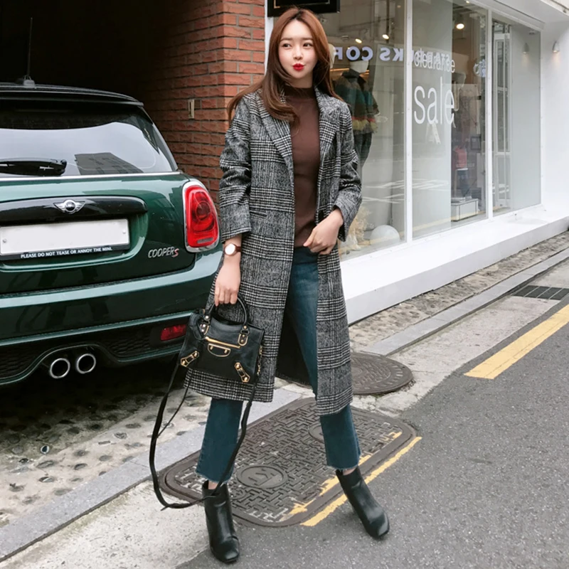

2019 Spring Autumn Women's Wool Plaid Coat New Fashion Long Woolen Coat Slim Type Female Winter Wool Jackets Female Outwear