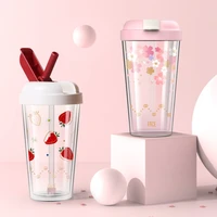 smoothie summer drink plastic cups with straw reusable plastic cup sakura kawaii bottle transparent copo com canudo straw cup