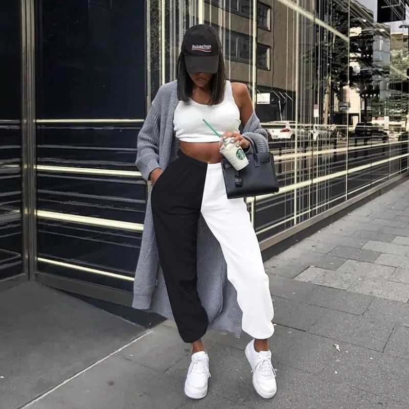 

Patchwork Casual Pants Women 2020 Fashion Slim Black White Sports Pant Athleisure Jogger Bottoms Wear Autumn Winter Female New