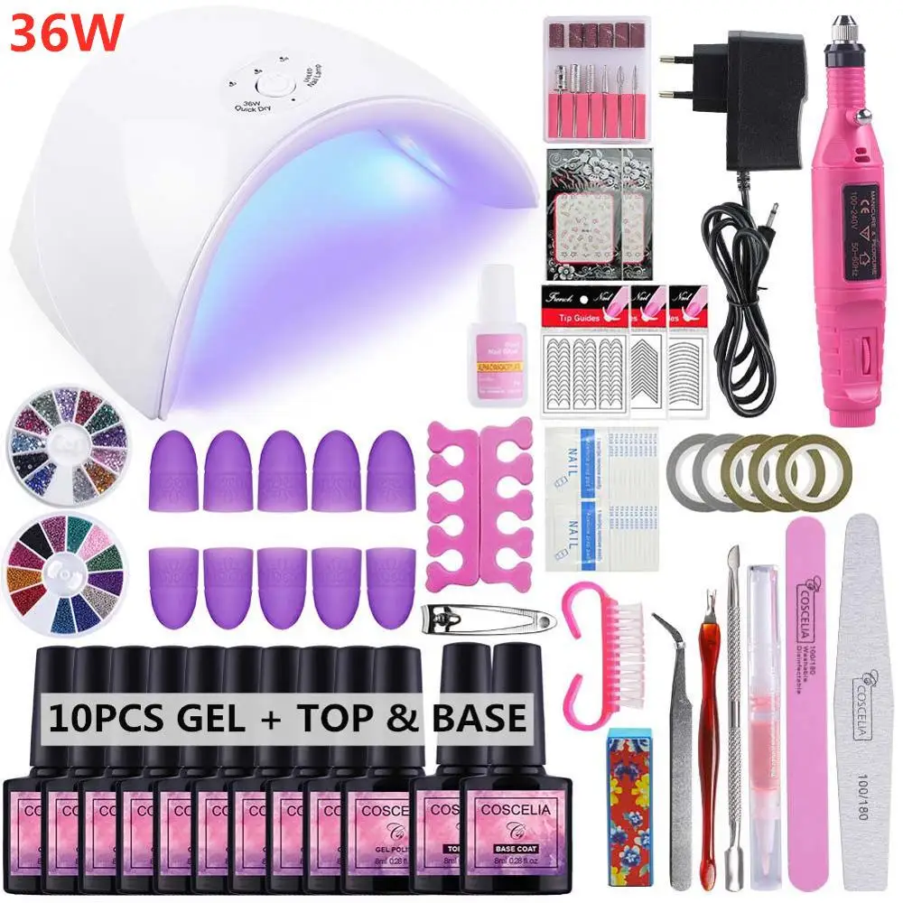 36W 10pc Gel Set 01 COSCELIA 54 Вт лампа с 10 шт. набор гель-лаков для ногтей инструменты для маникюра база верхнее покрытие ногтей наборы Электрический маникюр все для маникюра - Цвет: 36W 10pc Gel Set 01