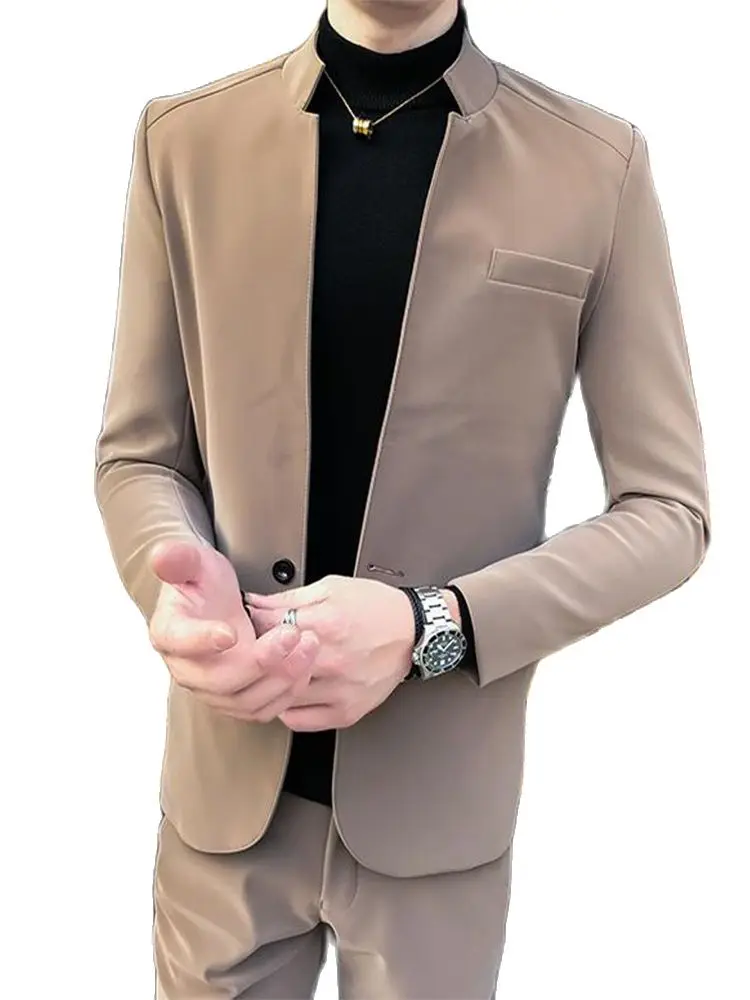 

Мужской деловой костюм цвета хаки, пиджак с воротником-стойкой и брюки с галстуком, костюм для свадьбы, 2022