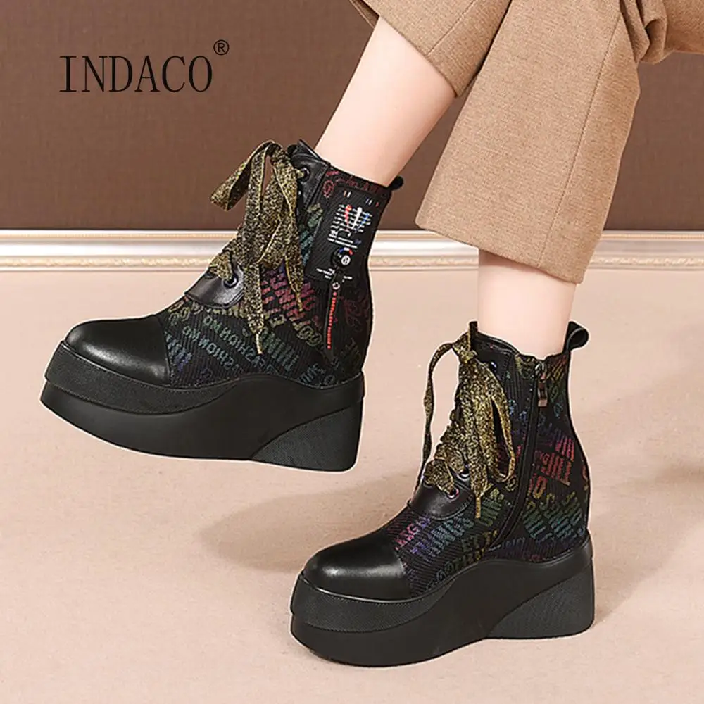 

Новинка 2021, женские ботинки, Зимние ботильоны на платформе для женщин, высокие ботинки на танкетке с увеличенным рисунком, ботинки на молнии...