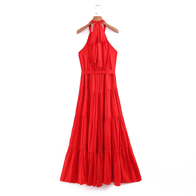 Женское плиссированное платье макси Красное Длинное однотонное с открытой