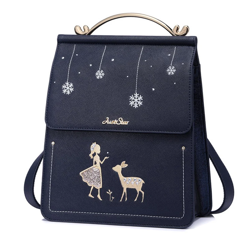 Women Bags Leather Embroidery Backpack Preppy Schoolbag Student Bag Travel Bag Totes Braccialini Style Cartoon Girl Deer