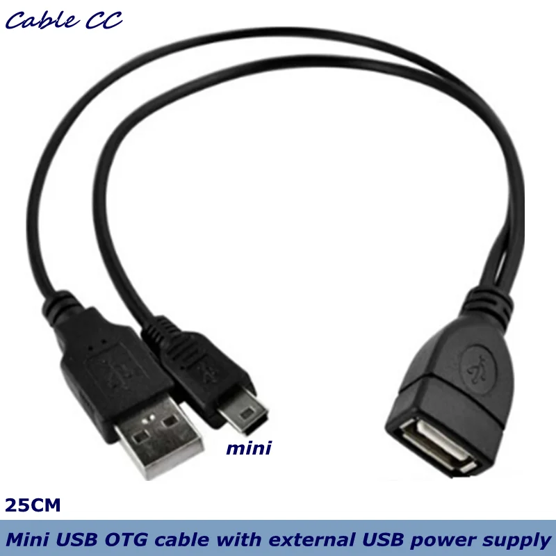 

25cmTwo-in-one USB 2.0 female to Mini USB OTG cable with external USB power supply for keyboard and U disk, mobile hard disk