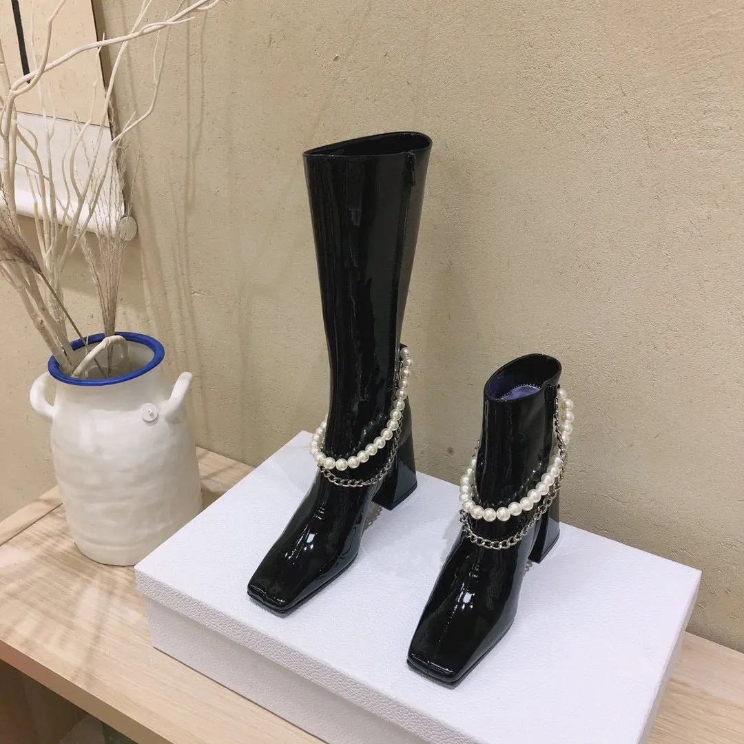 

Casual Designer Women Chelsea Boots Black Genuine Leather Crystal High Heels Knee Long Booties Martin Boots Motorcycle Boots