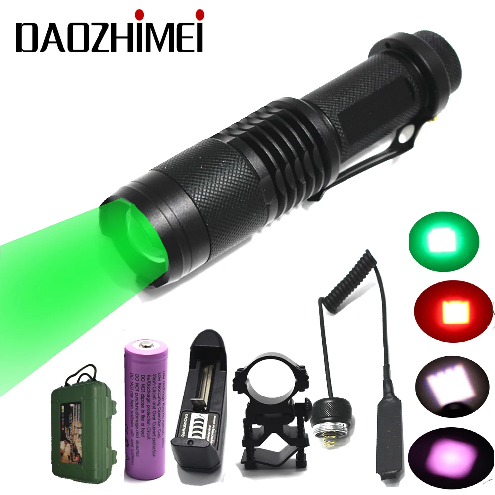 Powerful NEW Tactical Zoom led Flashlight IR 850nm /Red/ Green / White light Spotlight With Gun Clip Remote Pressure Switch