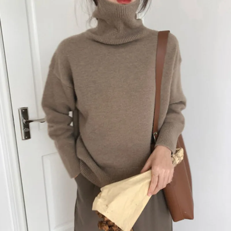 

ZOVSV Turtle Neck Cashmere Sweater Women Korean Style Loose Warm Knitted Pullover 2021 Winter Outwear Lazy Oaf Female Jumpers