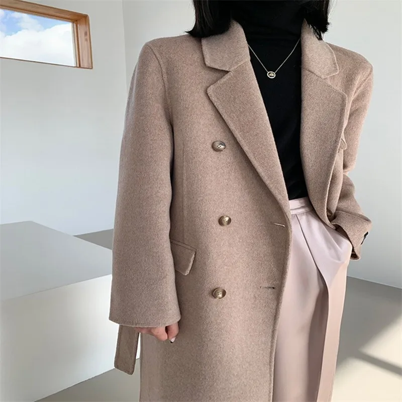 

Женское двубортное пальто, свободное шерстяное пальто ручной работы с поясом на шнуровке, дизайнерское пальто-конверт в Корейском стиле из ...