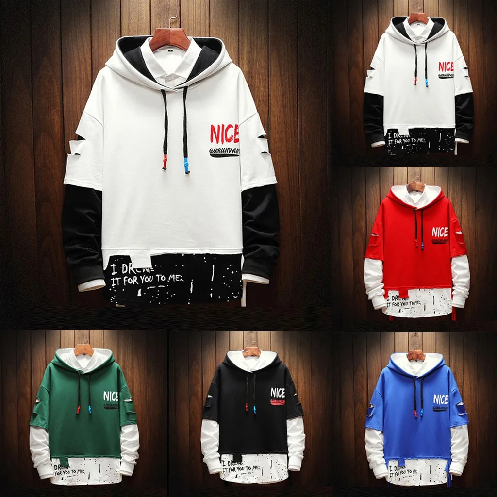 SAGACE мужская мода длинный рукав с буквенным принтом Сращивание толстовки свитшот