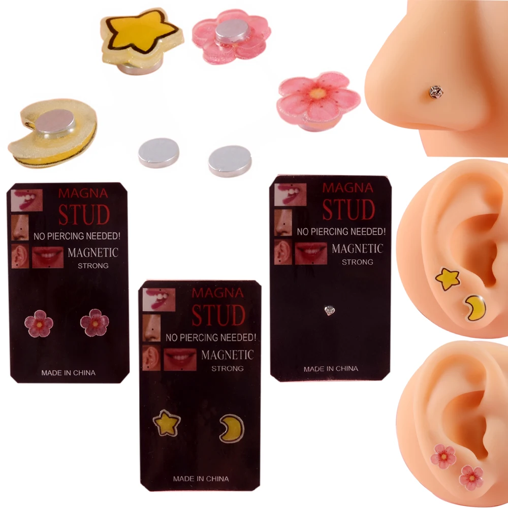 

1Pair Magnetic Ear Studs Non Piercing Fake Plastic Star Flower Heart Earrings Nose Magnet Women Body Piercing Jewelry for Girls