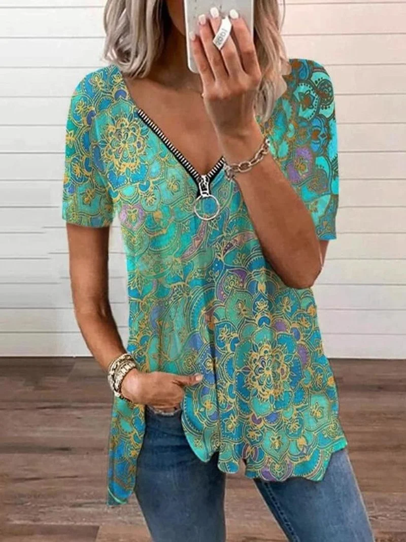

2021 Summer New Fashion Women Blouse Print V-neck Casual Shirt Loose Short Sleeve Shirts Fashion Female Zipper Blouses Cute Tops
