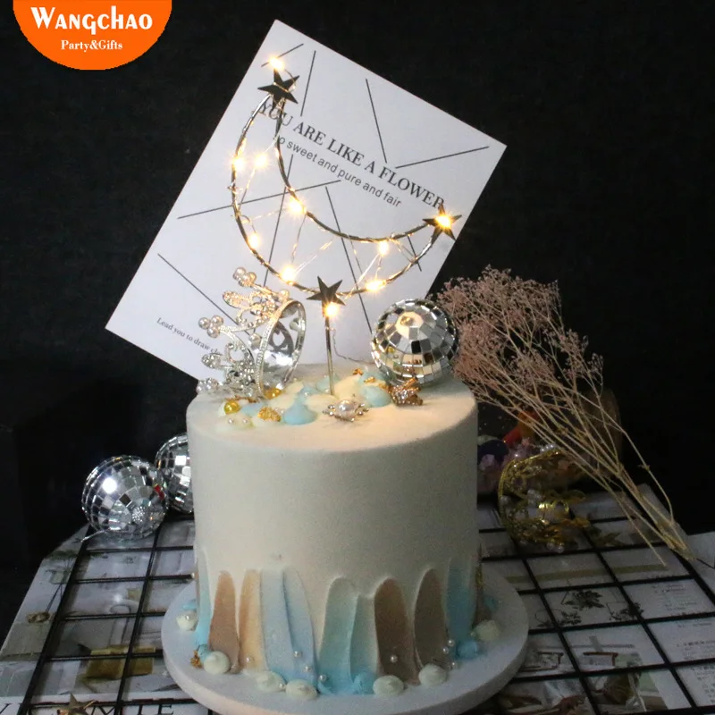 Романтический Королевский Железный Звездный Луна С Днем Рождения CakeTopper светодиодный светильник аксессуары вечерние принадлежности Свадебные украшения