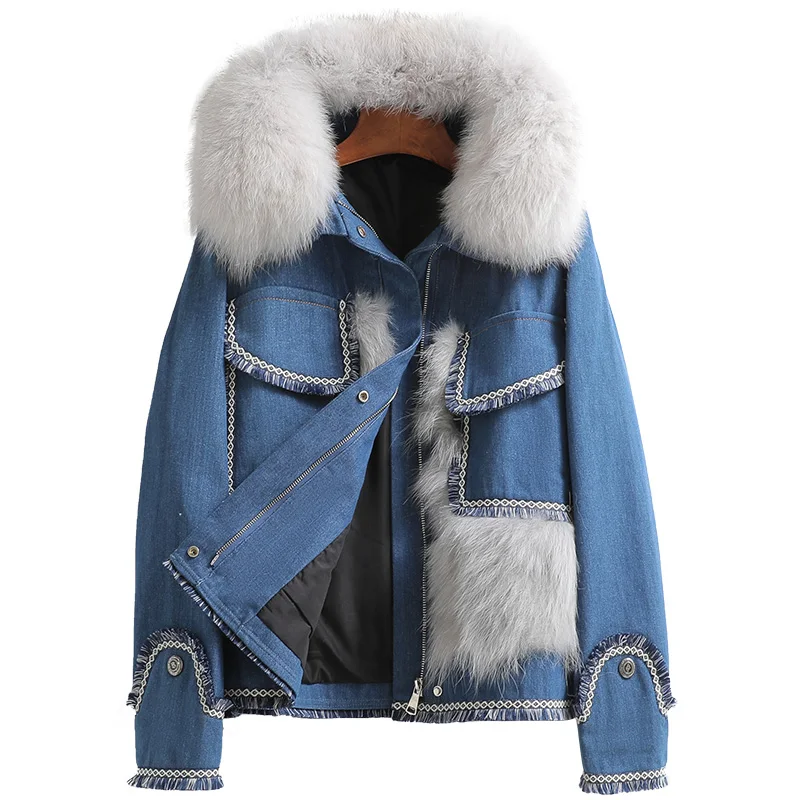 

Lady Denim Jacket Raccoon Fur Collar Winter Women Warm Outwear Coats LF21052KQN